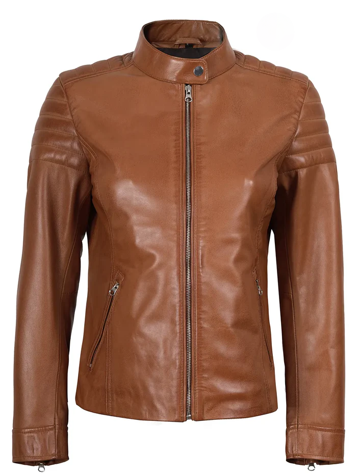 Luna Women's Tan Brown Cafe Racer Leather Jacket - Front Open View