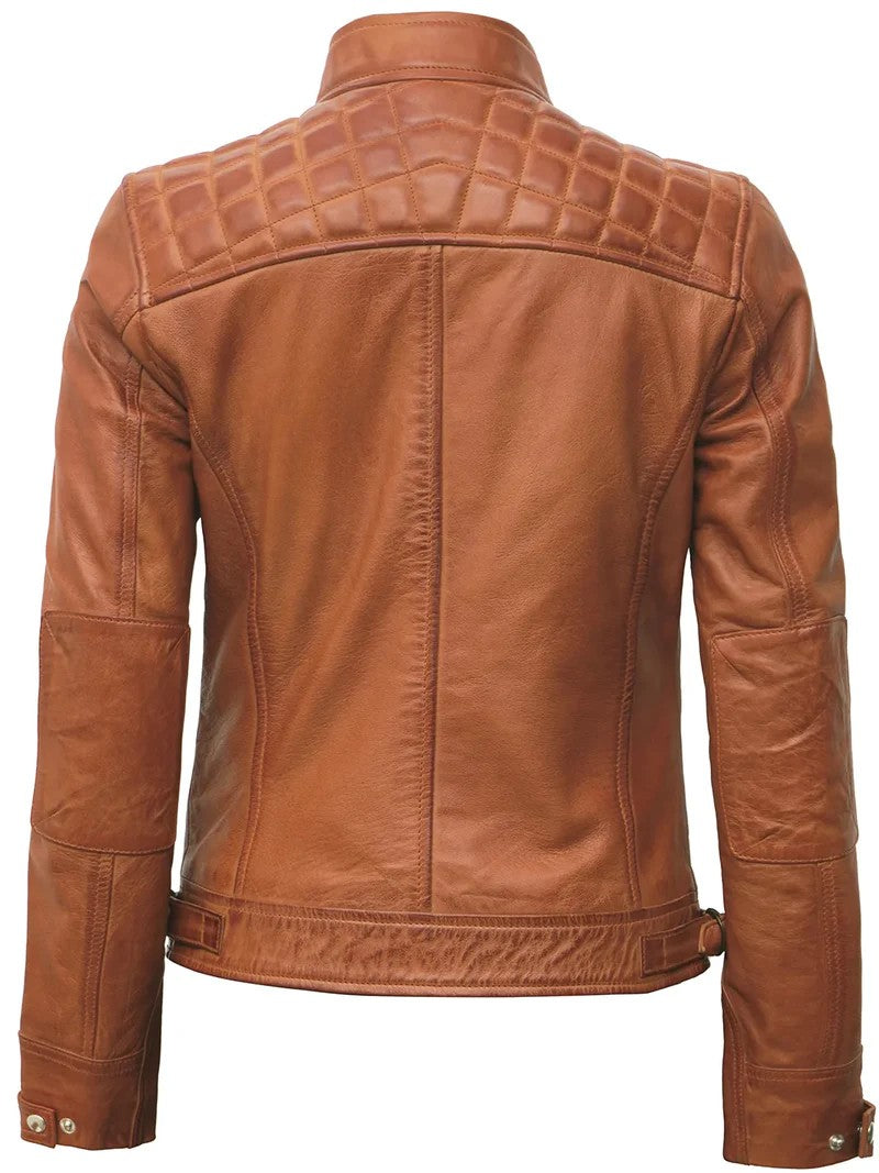 Back View – Quilted Shoulder Tan Leather Jacket for Women