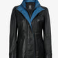 Black and blue leather jacket for women, full front view
