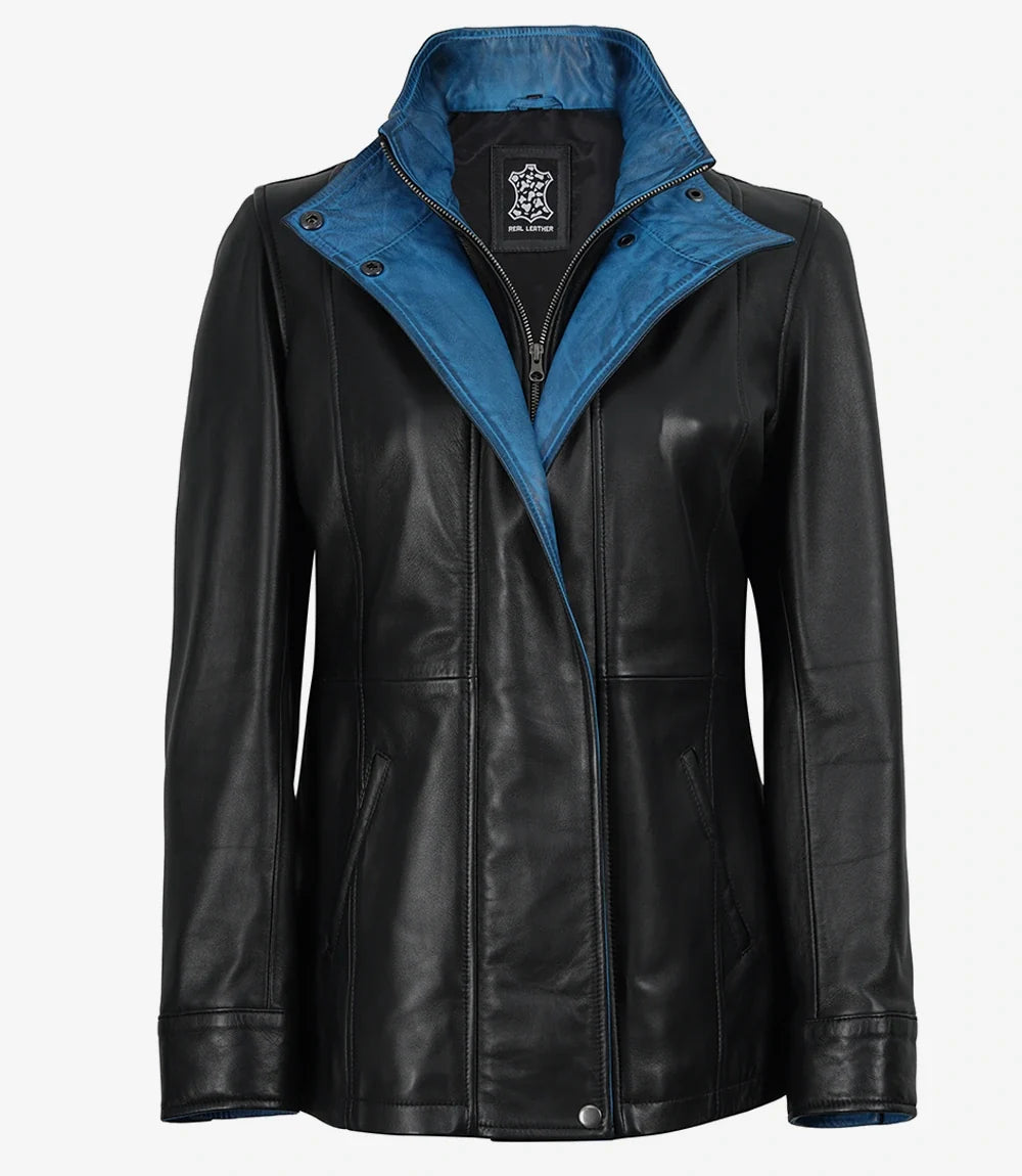 Black and blue leather jacket for women, full front view