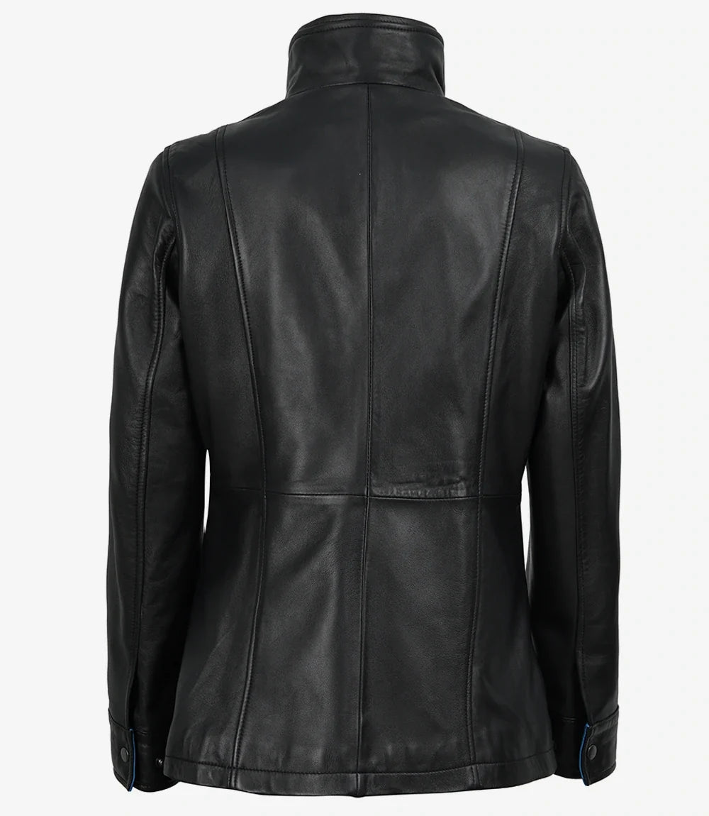 Women's black leather jacket by NSM Jackets, front detail