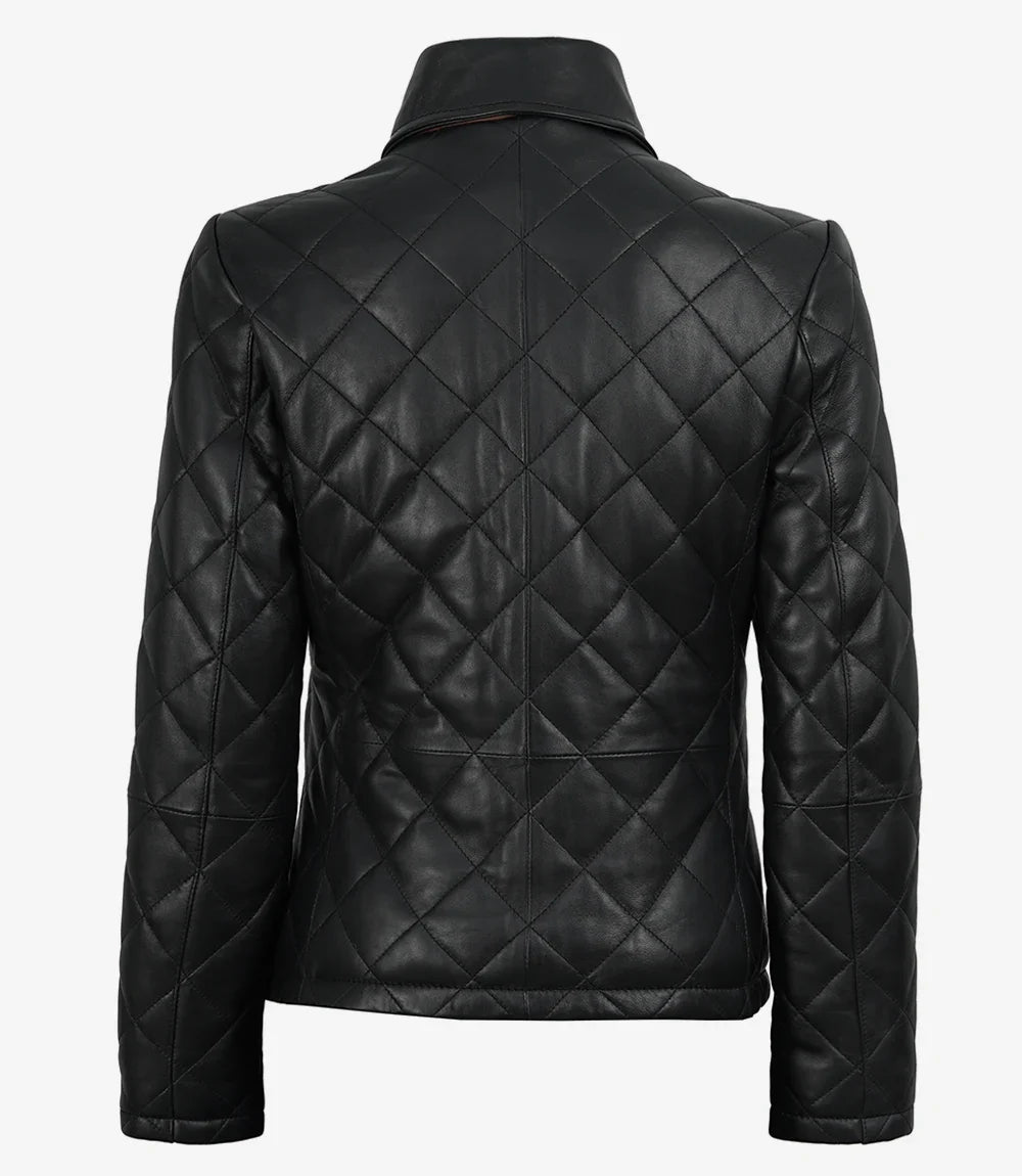 Women's black leather jacket, full front view