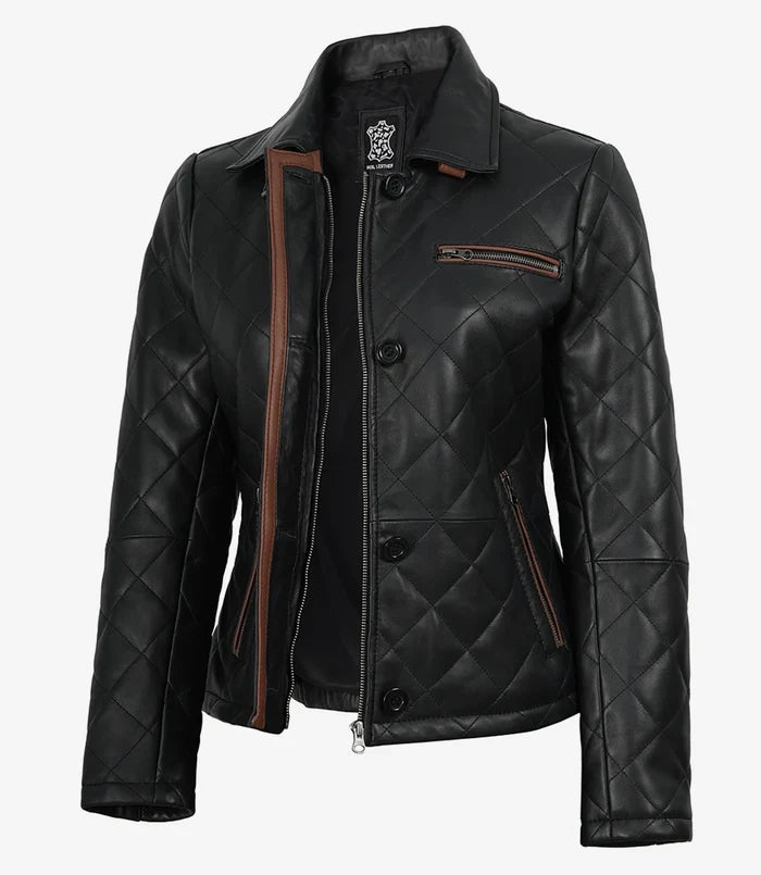 Women's black quilted leather jacket by NSM Jackets