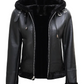 Ace Women's Black Hooded Shearling Biker Jacket - Front View