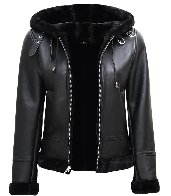 Ace Women's Black Hooded Shearling Biker Jacket - Front View