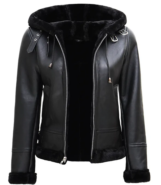Ace Women's Black Hooded Shearling Biker Jacket - Front View