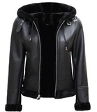 Ace Women's Black Hooded Shearling Biker Jacket - Front View