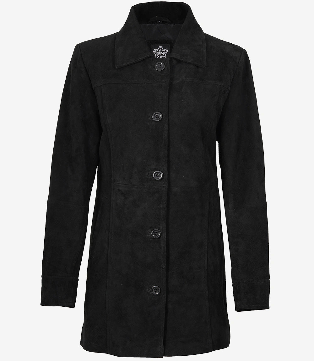 Women's Black Suede Car Coat - Open View