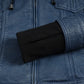 Women's blue leather jacket features, chest pockets and zip hardware detail