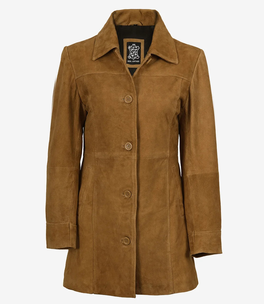 Women's Brown Suede Car Coat - Detail View