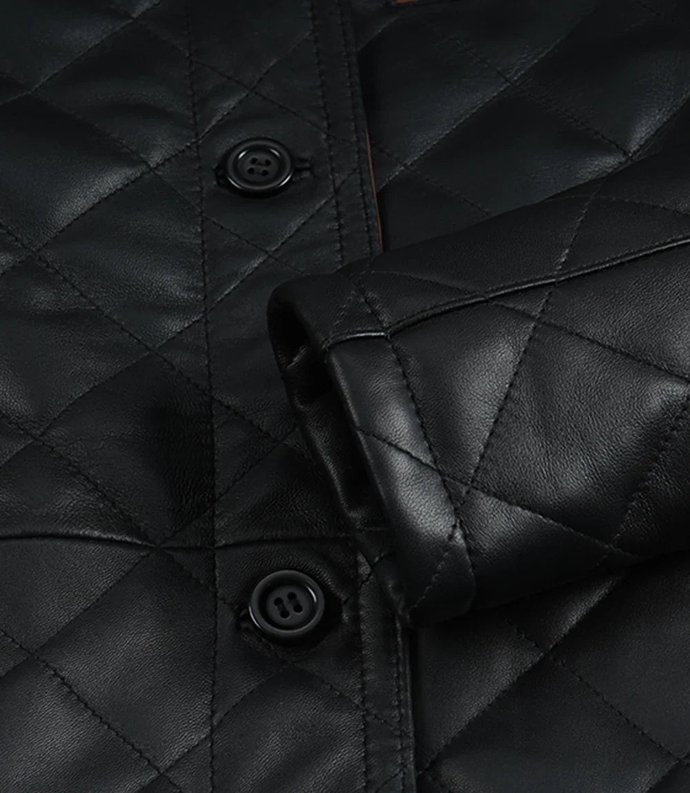 Women's quilted leather jacket, close-up texture detail