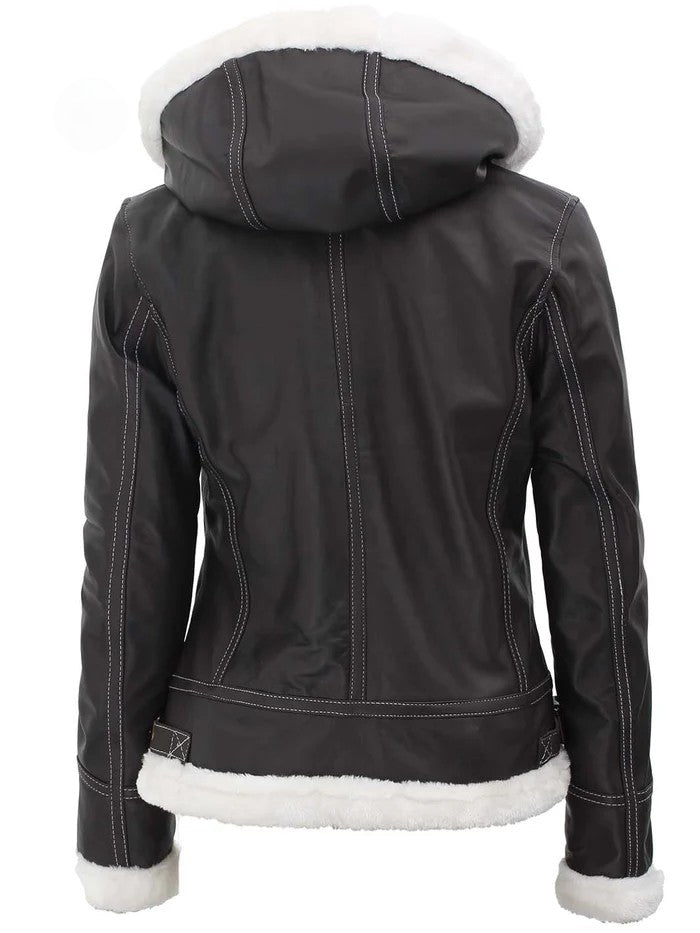 Back View of Women’s Brown Shearling Leather Jacket with White Fur