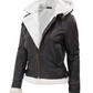 Pilot Women's Dark Brown Hooded Shearling Biker Jacket - Side View