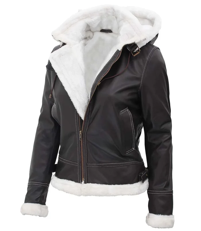Pilot Women's Dark Brown Hooded Shearling Biker Jacket - Side View
