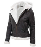 Pilot Women's Dark Brown Hooded Shearling Biker Jacket - Side View