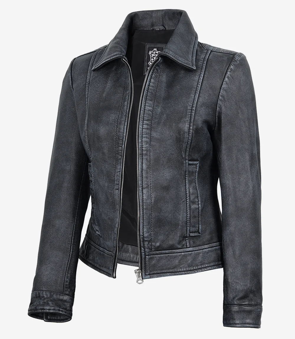 Women's black washed leather jacket, full front view