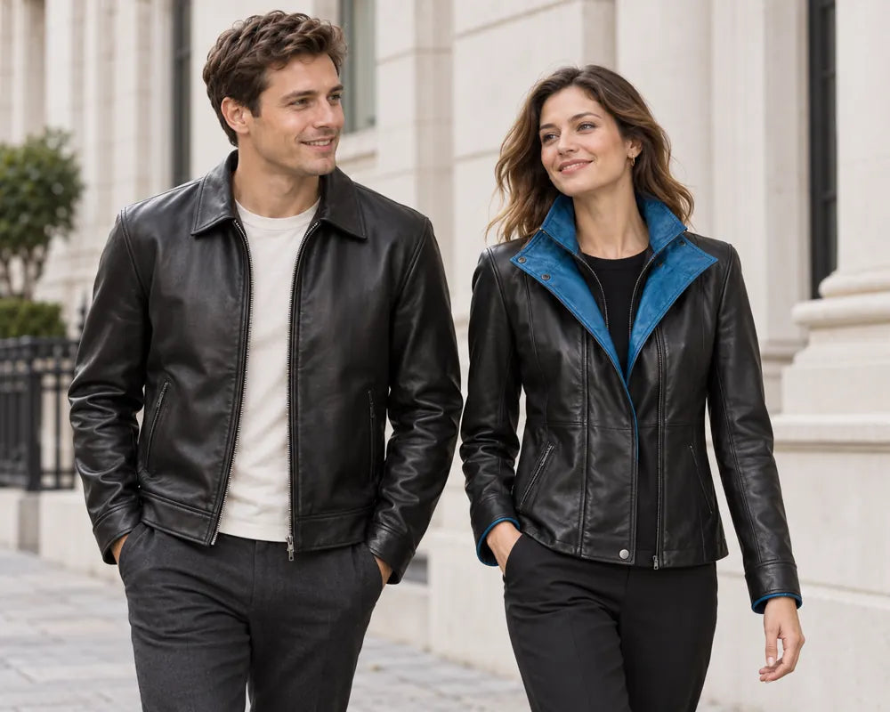 NSM black Harrington and blue-collar leather jackets, editorial styling
